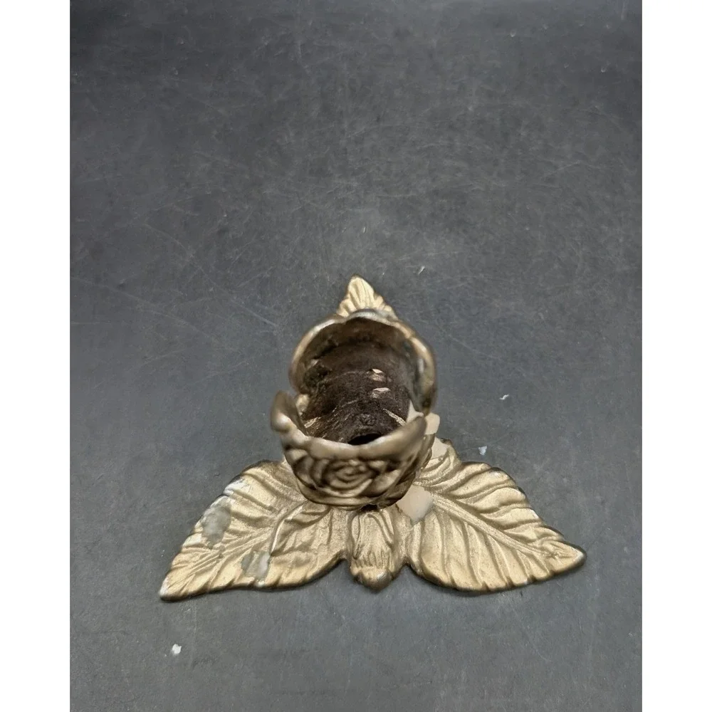 Vintage Metal Rose Bud Taper Candle Holder Floral Leaf Base Gold Tone Metal 2.5